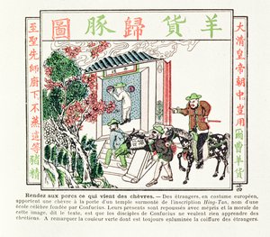 Europæiske udlændinge ved porten til et Konfucius-tempel - deres gave af en ged nægtes med foragt, 1891 af Chinese School