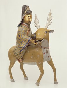 Figur af en udødelig, der rider på et rådyr (cloisonne-emalje) af Chinese School