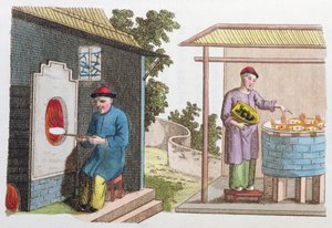 Brænding af porcelæn i Kina i slutningen af det 18. århundrede, fra La Chine en Miniature, af J.B. Breton, Paris, redigeret af Nepveu, 1811 (farvestik)