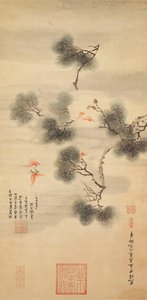 Fem flagermus midt i en fyrregren, 1844 af Chinese School