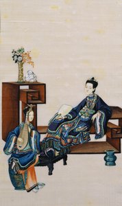 Lady tilbagelænet med en tjener, der spiller et musikinstrument af Chinese School