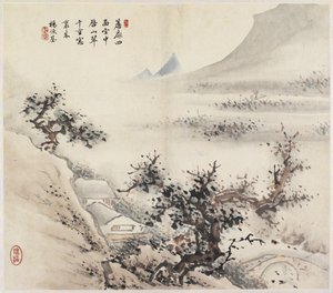 Landskab (blæk og farver på papir) af Chinese School