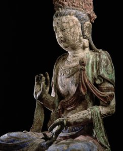 Stor siddende bodhisattva med hævede hænder, Jin-dynastiet (1115-1234) (træ og pigment) (detaljer) (se 206546) af Chinese School