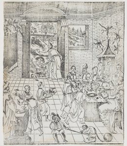 Lazarus ved den rige mands hus, tallerken fra Giulio Alenis Tianzhu jiangsheng zhuxiang jingjie (En illustreret historie om Himlens Herre, der blev inkarneret i kødet), Jinjiang Kirke, Fu af Chinese School