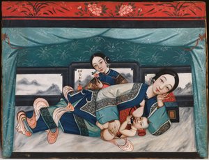 Plejemødre med babyer og kvindelig ledsager, ca. 1870 af Chinese School