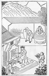 Åbning og lukning af ovne, fra en række illustrationer om fremstilling af porcelæn (se 384116 & 384117 for hele serien) af Chinese School
