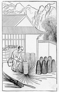 Pakning porcelæn, fra en række illustrationer om fremstilling af porcelæn (se 384116 & 384117 for hele serien) af Chinese School