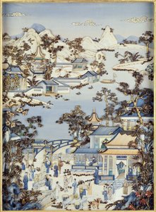 Paneler, der viser figurer på en terrasse, Qianlong-periode, 1736-95 (polykrom elfenben) (en af et par) (se 206571, 206573) af Chinese School