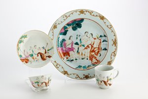 Tallerken, teskål, kaffekop og underkop dekoreret med fremstillinger af Paris-dommen (porcelæn)