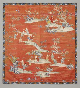 Sengebetræk i rødt satin, 1800-tallet af Chinese School