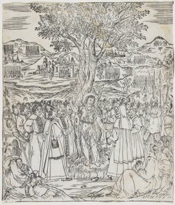 Sankt Johannes Døberen prædiker, tallerken fra Giulio Alenis Tianzhu jiangsheng zhuxiang jingjie (En illustreret historie om Himlens Herre, der blev inkarneret i kødet), Jinjiang Kirke, Fujian af Chinese School