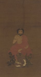 Sakyamuni sidder på tre dæmonlignende væsner, muligvis Yuan-tidlige Ming-dynasti, 14.-15. århundrede