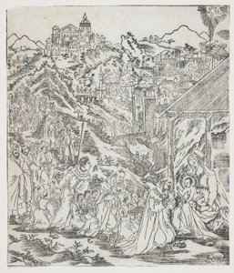 The Adoration of Christ, tallerken fra Giulio Alenis Tianzhu jiangsheng zhuxiang jingjie (En illustreret historie om Himlens Herre, der blev inkarneret i kødet), Jinjiang Kirke, Fujian-provinsen af Chinese School