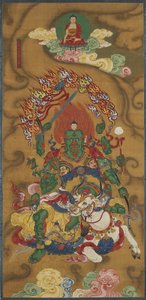 The Buddhist Guardian Mahabala, fra et buddhistisk land- og vandritualsæt (blæk, farver og guld på silke) af Chinese School