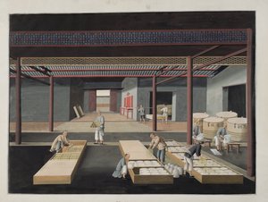 Kasserne og pakningen af skåle og fade, plade 12 i en serie på tolv, der viser processen med kinesisk porcelænsfremstilling, 1800-tallet af Chinese School