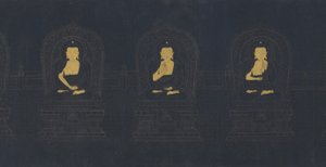 De syv buddhaer fra fortiden, muligvis Ming-dynastiet (guld og hvidt pigment på mørkeblåt papir)