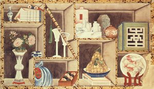 Trompe lOeil of Chinese Objects (wc på papir) af Chinese School