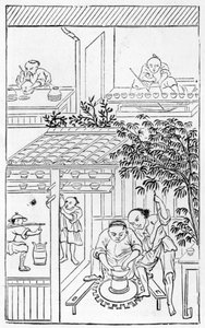 Drejebassiner, fra en række illustrationer om fremstilling af porcelæn (se 384116 & 384117 for hele serien) af Chinese School