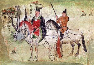 To ryttere i et landskab af, Bodhisattvaen og hans Equerry, Tang-perioden (malet sten) af Chinese School