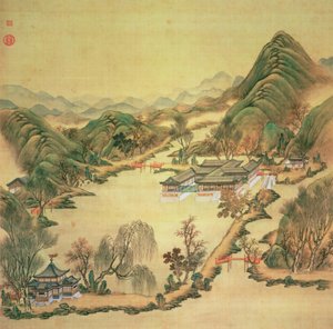 Udsigt over sommerpaladset, Peking (farve på silke) af Chinese School
