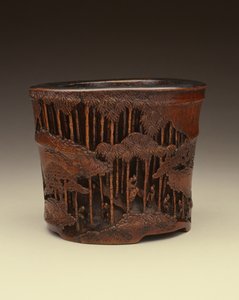 Stor børstepotte med de syv vismænd fra bambuslunden på deres litterære sysler i en bambusskov, Kang-hsi-perioden (1662-1722), Ching-dynastiet (udskåret bambus)