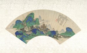 Palaces of the Immortals, foldevifte monteret som et albumblad, 1753 (blæk, farve og guld på papir) af Chinese School Chinese School