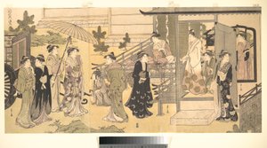En forklædt scene fra Fortællingen om Genji (Fūryū Yatsushi Genji), kapitel 33, «Blåregnens blade (Fuji no uraba)» af Chobunsai Eishi