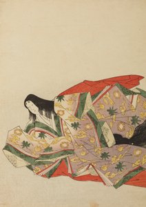 Hofdame siddende i en lysviolet dragt med grønt og gult mønster, plansche fra albummet: Nishiki-zuri onna sanju rokkasen e-zukushi af Chobunsai Eishi