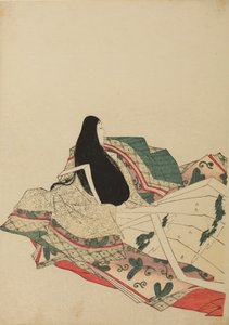Siddende hofdame, set trekvart bagfra, plansche fra albummet: Nishiki-zuri onna sanju rokkasen e-zukushi af Chobunsai Eishi