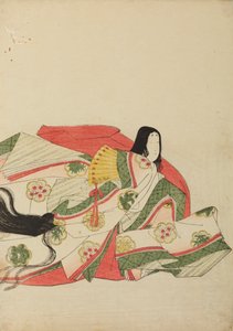Siddende hofdame med en gul vifte, plansche fra albummet: Nishiki-zuri onna sanju rokkasen e-zukushi af Chobunsai Eishi