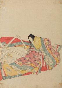 Siddende hofdame med gul vifte, planche fra albummet: Seksogtredive digterinder / Nishiki-zuri onna sanju rokkasen e-zukushi af Chobunsai Eishi