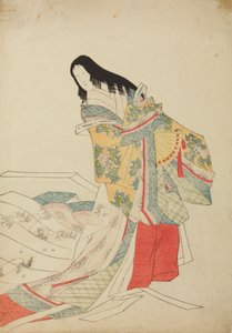 Stående hofdame med vifte, tavle fra albummet: Nishiki-zuri onna sanju e-zukushi af Chobunsai Eishi