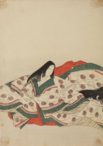 Hoffrue i hvid kimono med et mønster af ællinger på vandet, tavle fra albummet: Nishiki-zuri onna sanju rokkasen e-zukushi af Chobunsai Eishi