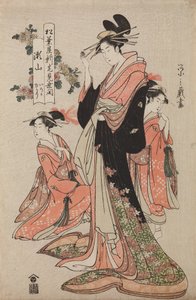 Oiran Seyama fra huset Matsuba-ya med sine kamuro Iroka og Yukari, fra serien: Åbningsfest for det nye hus Matsuba-ya af Chobunsai Eishi