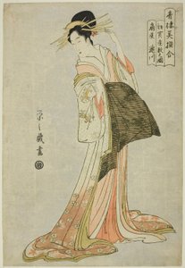 Takigawa fra Ogiya i det første udsalg i det nye år (Hatsu uri zashiki no zu), fra serien "A Comparison of Selected Beauties of the Pleasure Quarters (Seiro bisen awase)" af Chobunsai Eishi