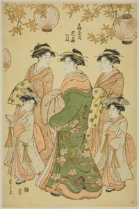 Courtesane Hanaogi fra Ogiya med børnepassagererne Yoshino og Tatsuta af Chobunsai Eishi