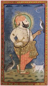 Maharana Bhim Singh af Mewar med en høg, Udaipur (Mewar) Rajasthan, ca. 1805 (gouache med guld på klæde)