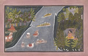 Radha krydser en flod for at interviewe en hinduistisk vismand, ca. 1820.