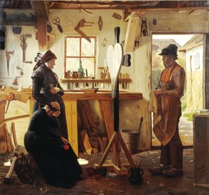 To kvinder besøger landsbykunstneren for at se det bestilte gravkors af Christen Dalsgaard