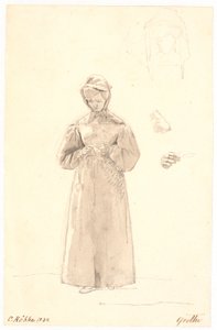 Studie af kunstnerens søster Cecilie Margrethe, t.h. to skitser af hendes hoved samt skitser af hendes hals og skulder og af hendes højre hånd af Christen Købke