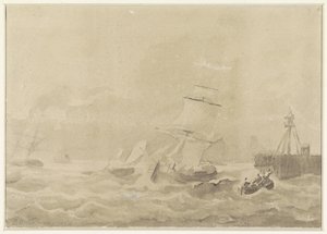 Turbulent hav med sejlskibe af Christiaan Cornelis Kannemans
