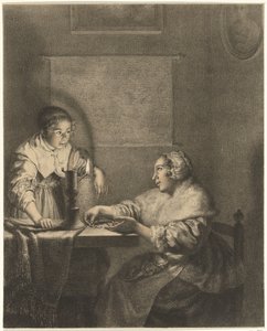 Interiør med dame og stuepige ved levende lys