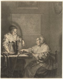 Interiør med dame og stuepige ved levende lys