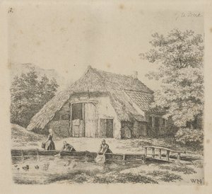 Tre kvinder vasker tøjet i Beek