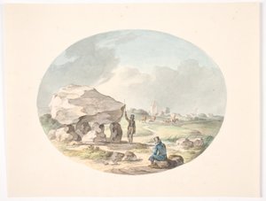 Stendysse uden for en landsby med en kirke af Christian David Gebauer