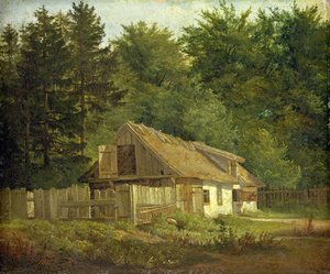 Et hus i Frederiksdal Skov ved København, 1828 (olie på papir monteret på kort)