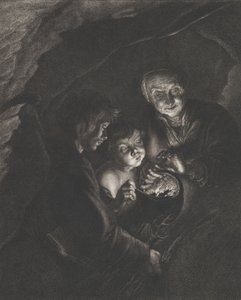 Natscene i en hule med en gammel kvinde, der holder brændende kul i en gryde, en dreng blæser..., ca. 1750-57 af Christian Friedrich Boëtius