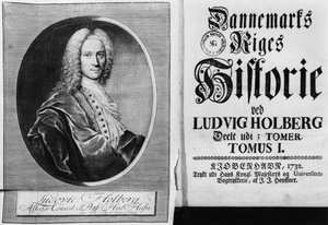 Baron Ludvig Holberg (1684-1754) og titelbladet til Bind I af hans Danmarks Historie, udgivet i København, 1732