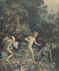 Flodbred med tre badende drenge, 1800-tallet.