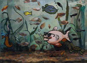 Big Pink Fish in Fishy World 1988 (olie på lærred) af Christian Furr